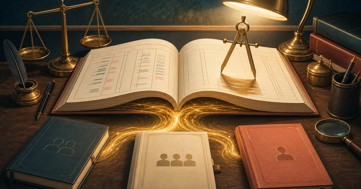 A glowing hidden current under a partnership ledger reveals goodwill between partner account books