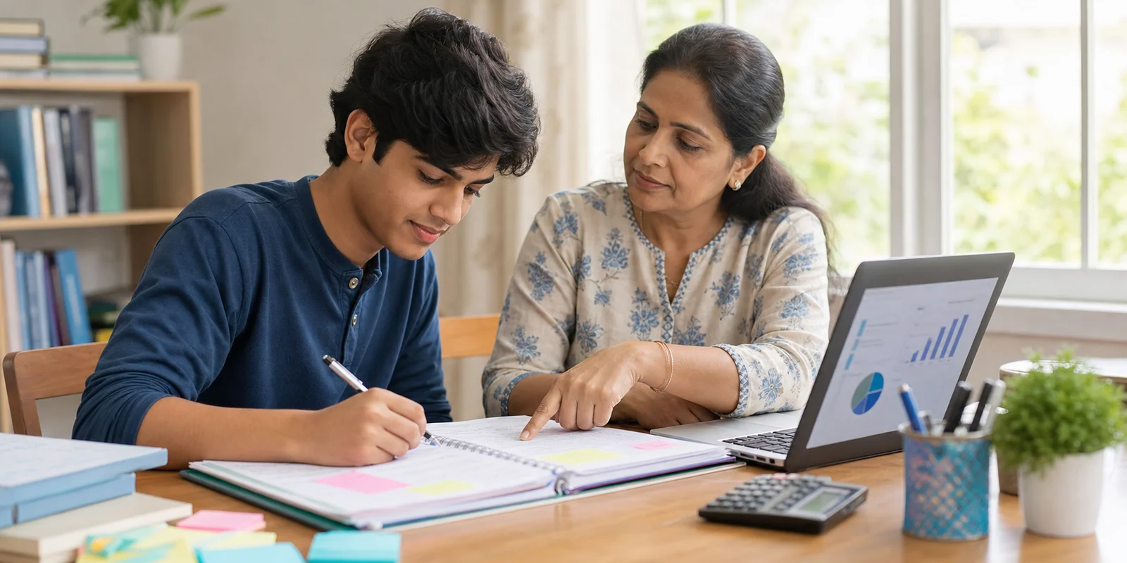 A parent guiding a commerce student at a study table while the student writes in a project notebook