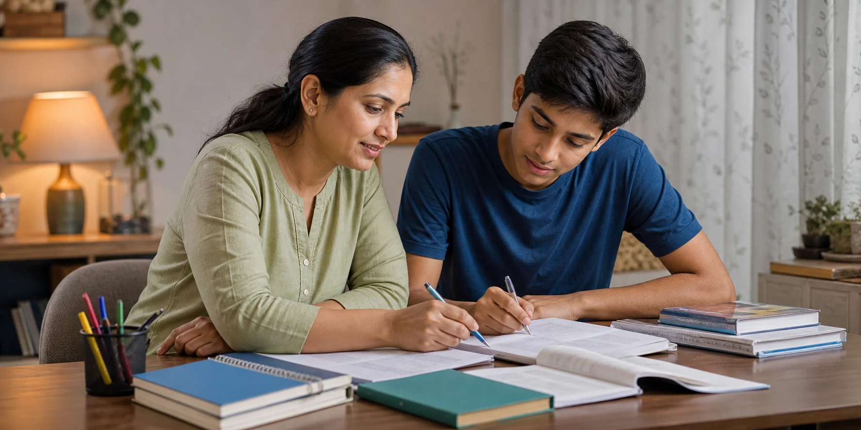 A parent and Class 11 commerce student reviewing notebooks together at a study desk
