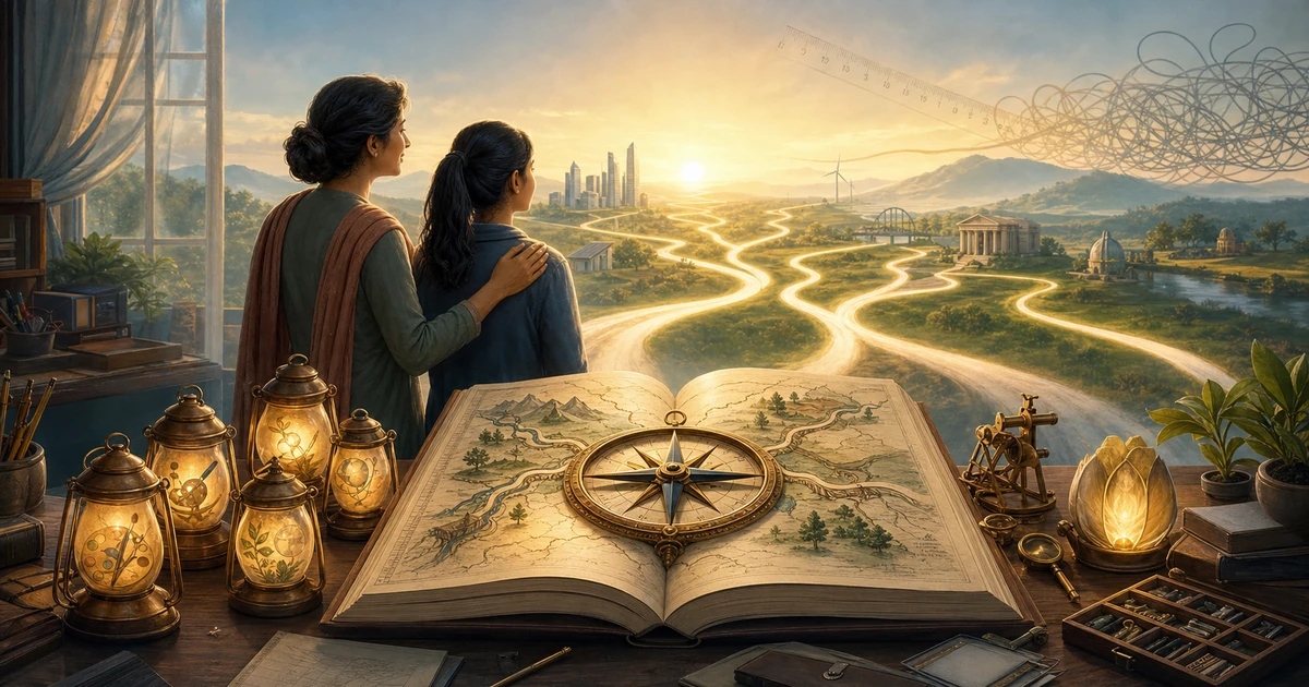 A parent and commerce student studying a compass shaped like an open ledger, with career paths lit by interests, skills, values, and course requirements