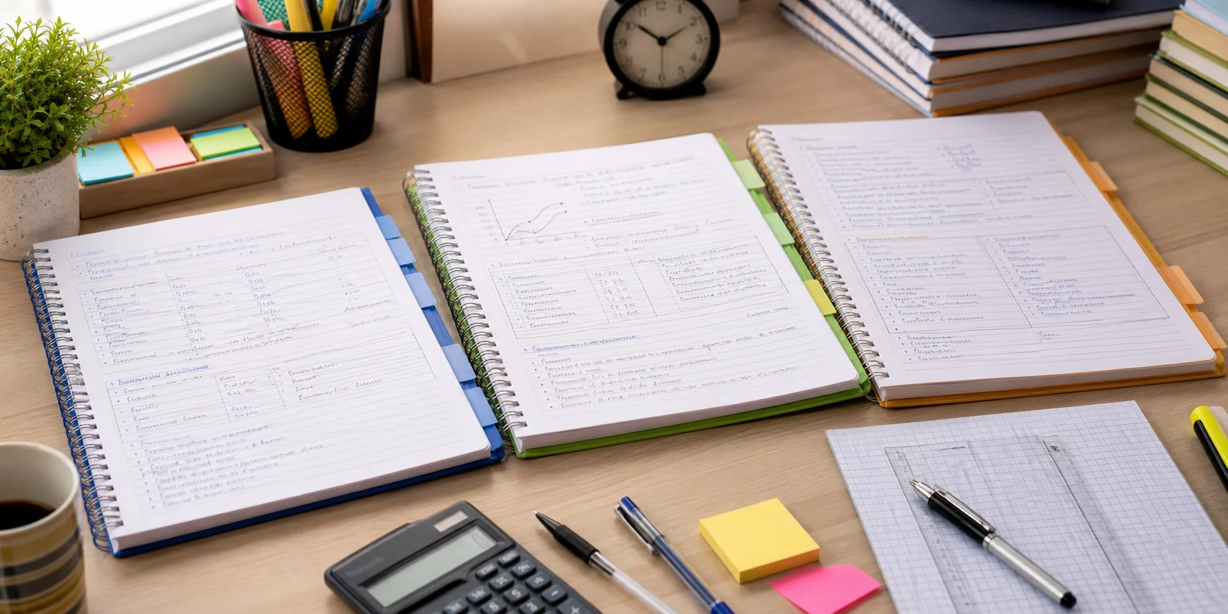 Organised Class 11 commerce notebooks with tabs, a calculator, graph paper, and revision notes on a study desk