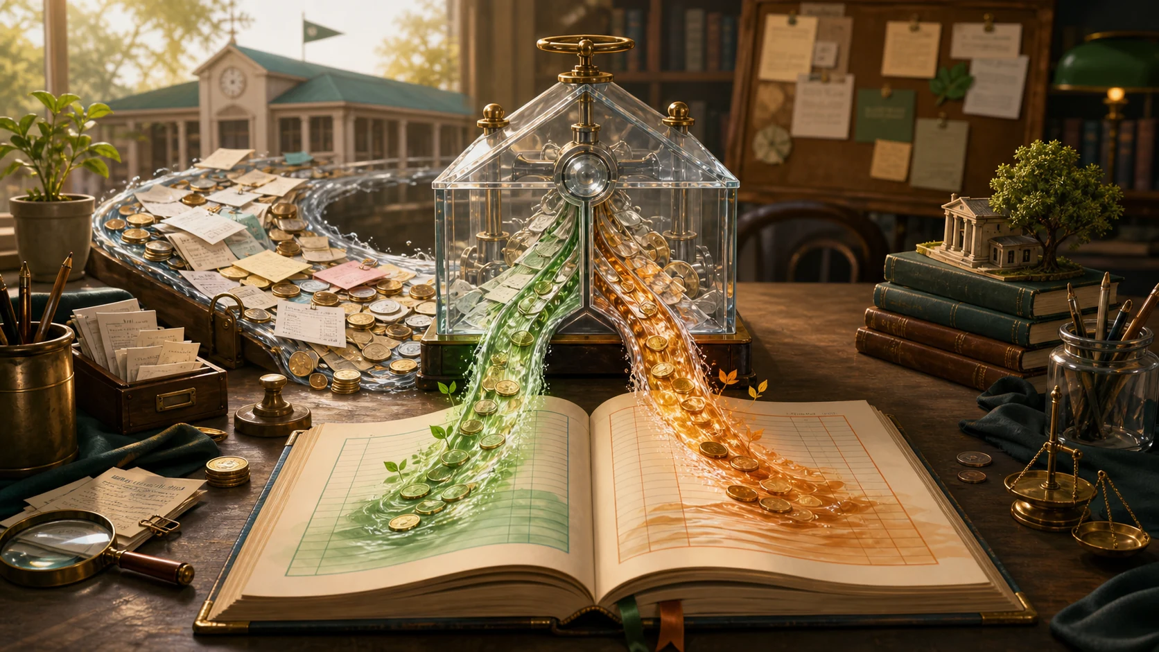 A stream of mixed cash records passing through a glass accounting prism into two clear ledger streams