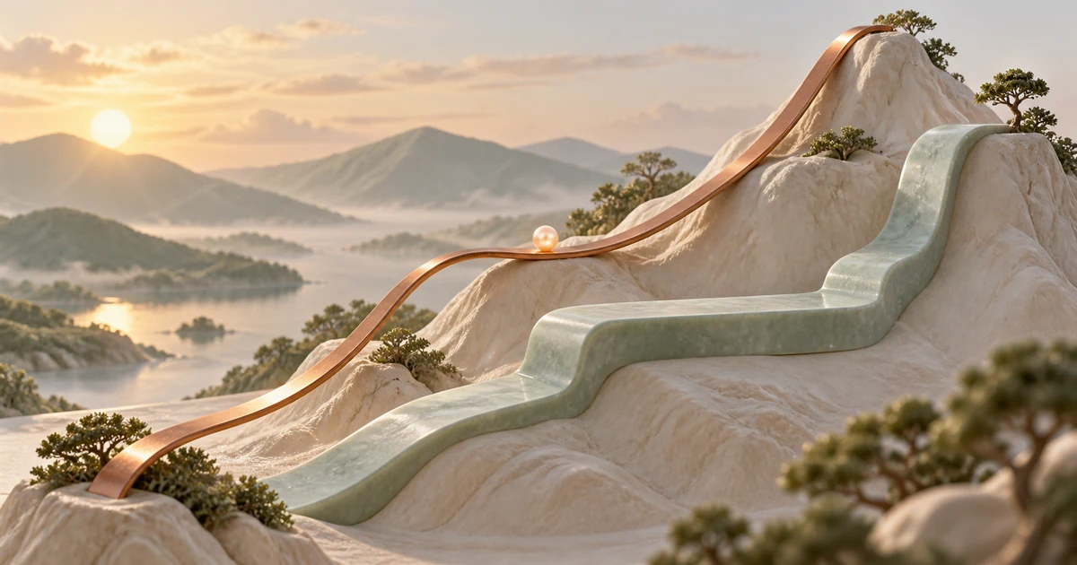 A copper ribbon climbs a porcelain hillside beside a jade path with a broad level terrace