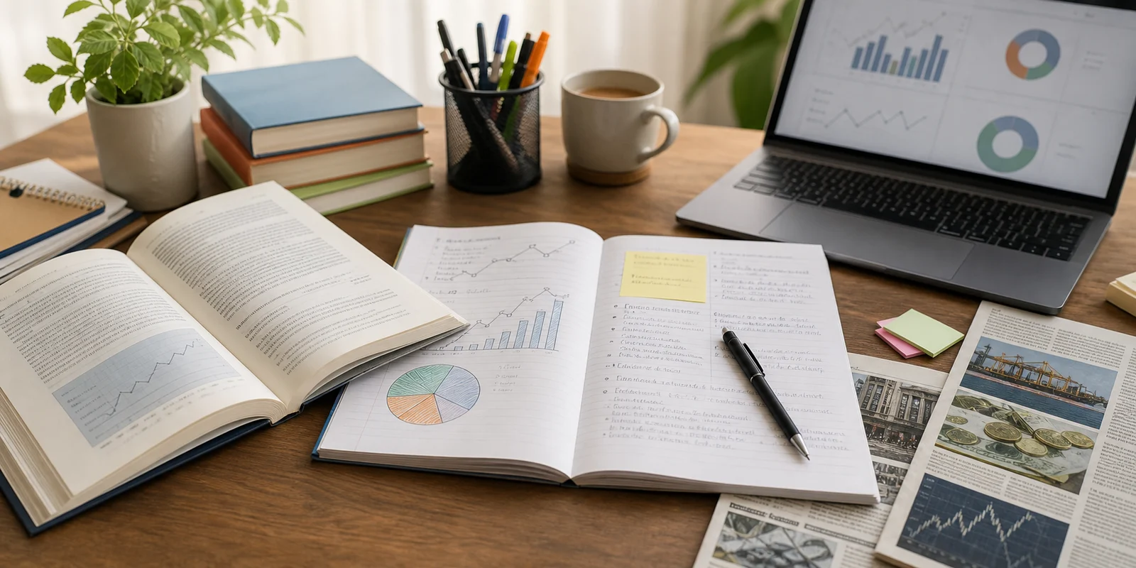 A Class 12 Economics student connecting Indian economy notes with newspaper clippings and simple data charts