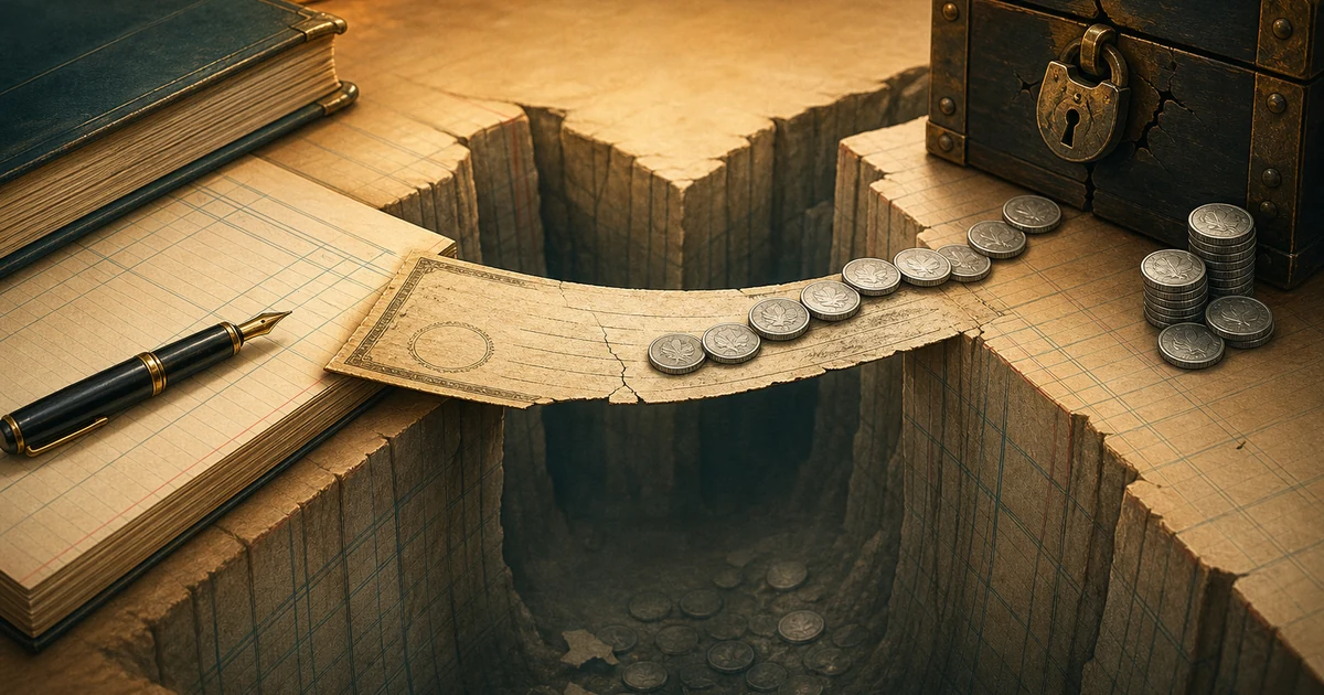 A fragile paper bridge over a ledger valley with a small stream of recovered coins and a shadowed unpaid balance