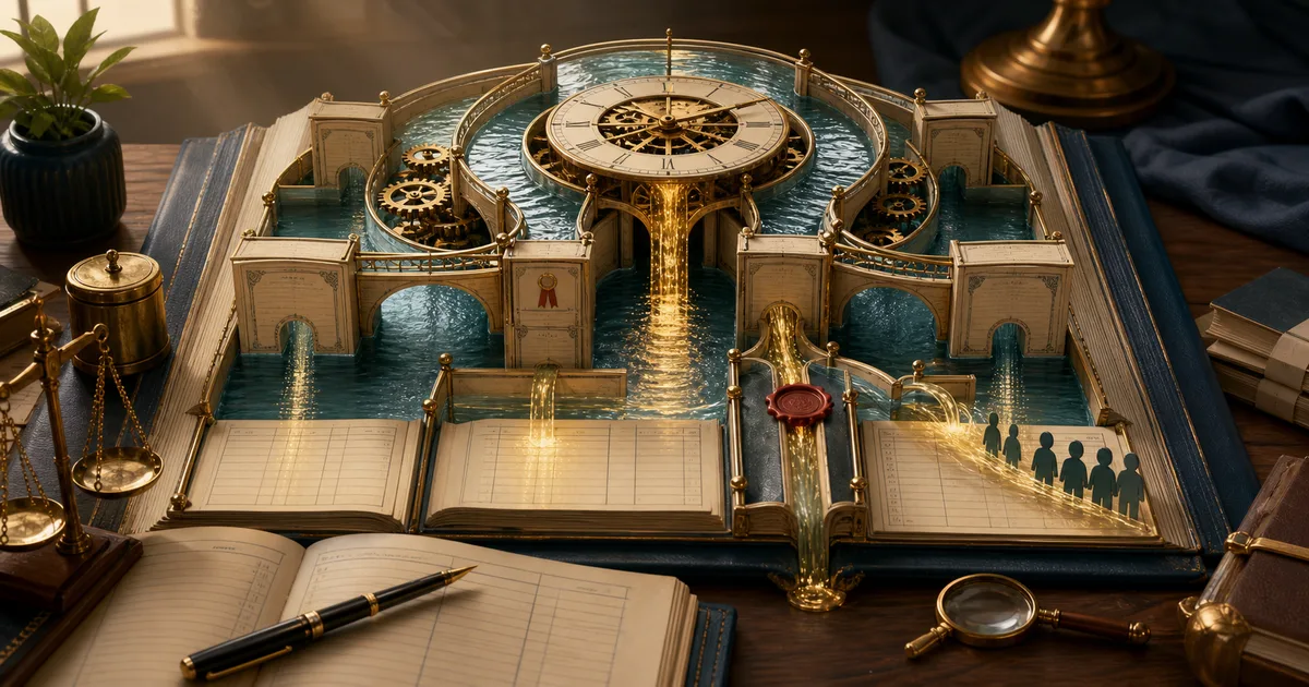 A clockwork ledger with golden interest streams flowing from debenture pillars into journal books