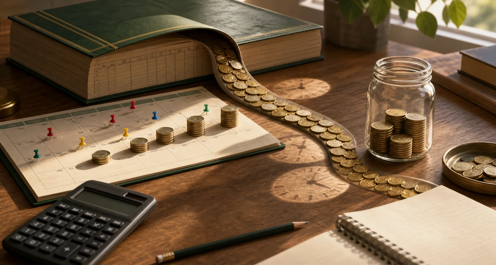 Coins flowing from a partnership ledger across a calendar to show how time affects interest on drawings