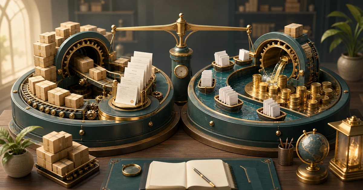 Two connected accounting machines turning inventory boxes into sales papers and invoice boats into cash coins