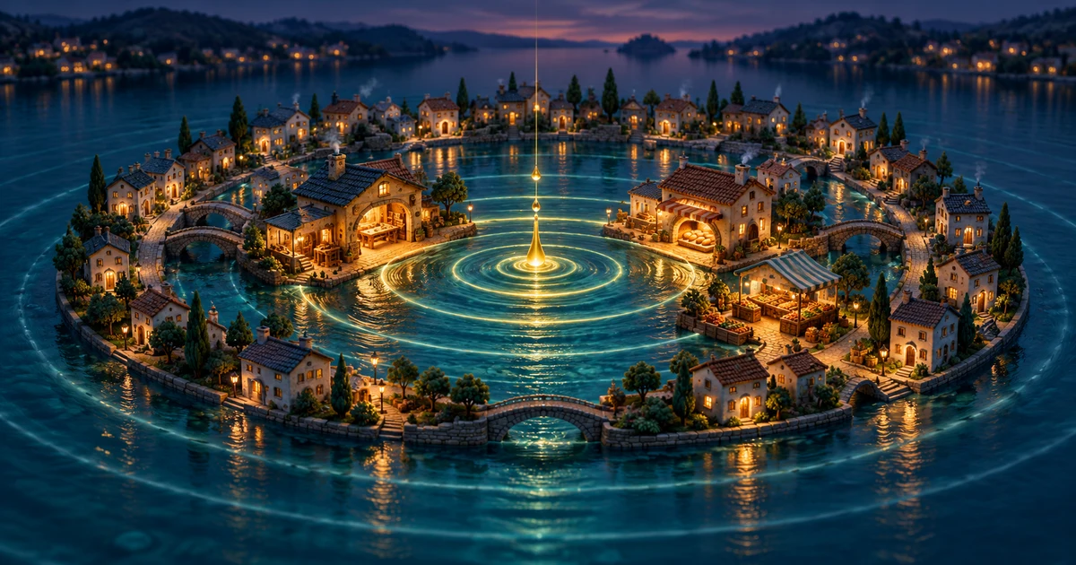 Golden ripples spread through a miniature town, connecting a workshop, bakery, market and homes