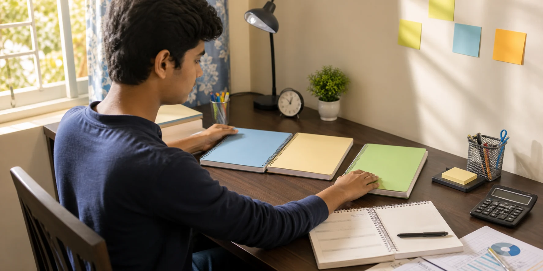A Class 11 commerce student organising Accountancy, Economics, and Business Studies notebooks at a study desk
