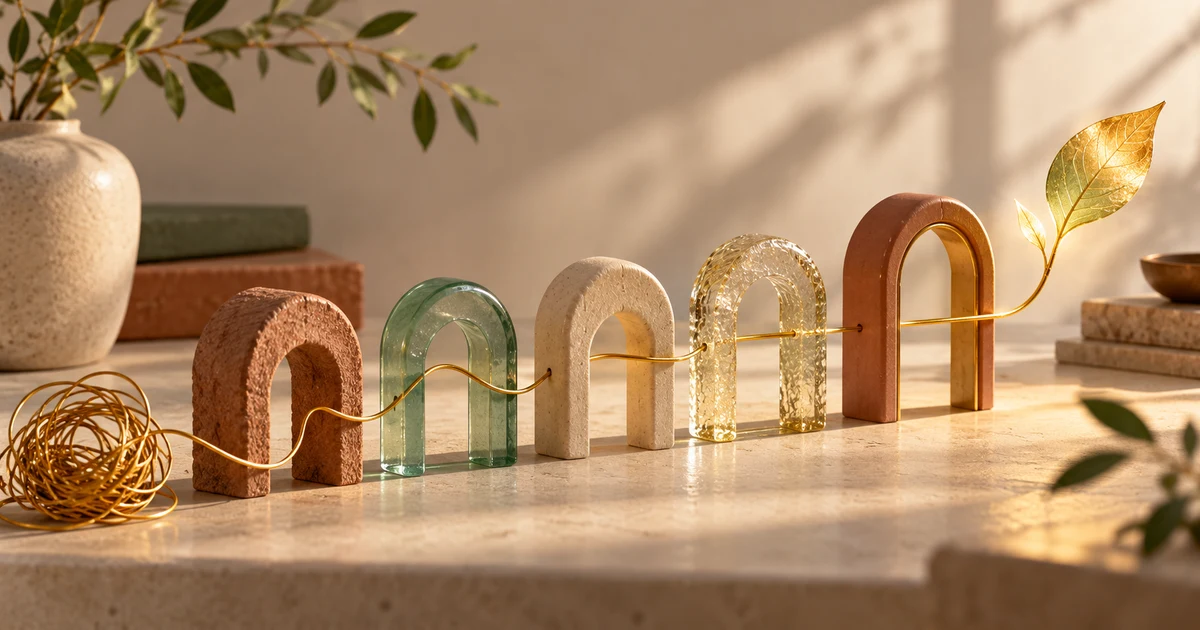 A tangled golden thread travels through five sculptural arches and becomes the stem of a glowing leaf