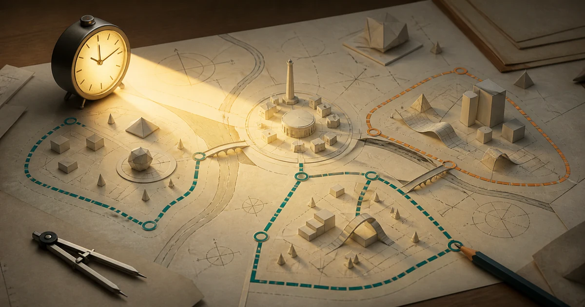 A paper exam map on a study desk with route lines, a clock, pencil, compass, and warm light showing a calm mathematics strategy