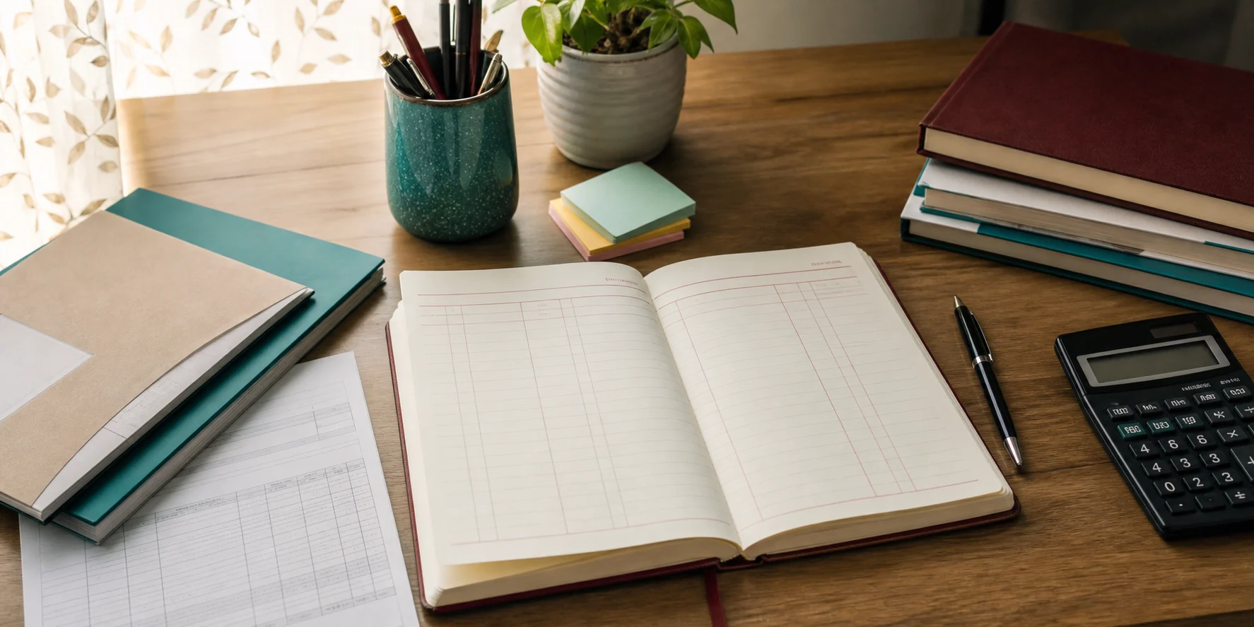 An open Accountancy journal notebook on a study desk with a calculator, pen, books, and sticky notes
