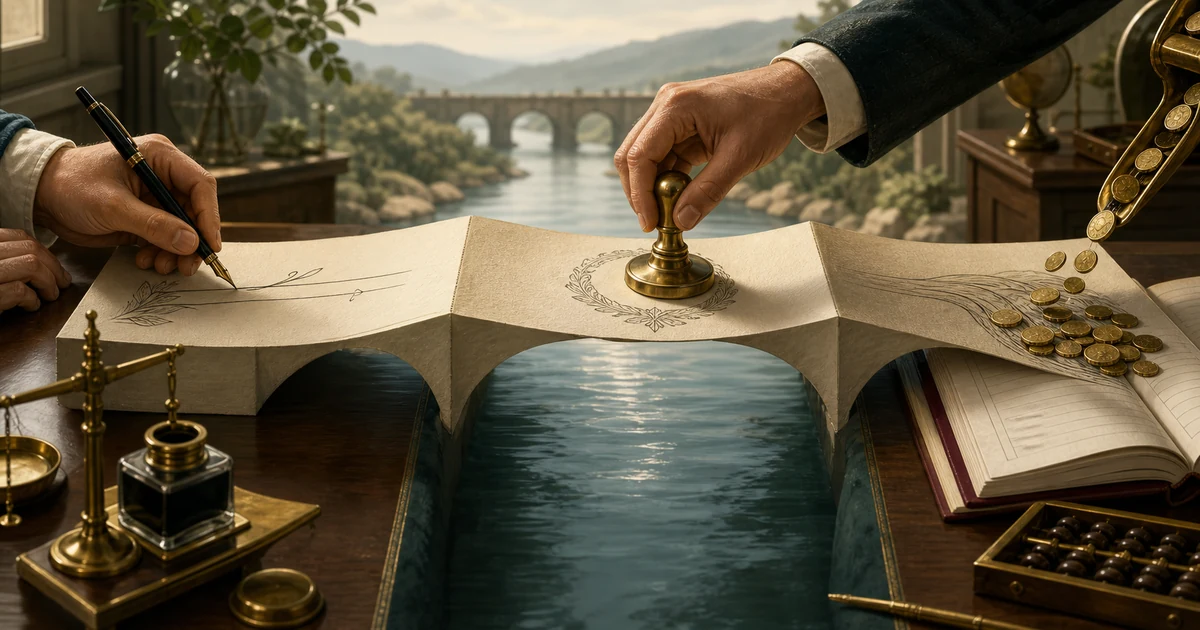 A paper bill of exchange forming a bridge, with a pen drawing it, a seal accepting it, and coins flowing into a ledger