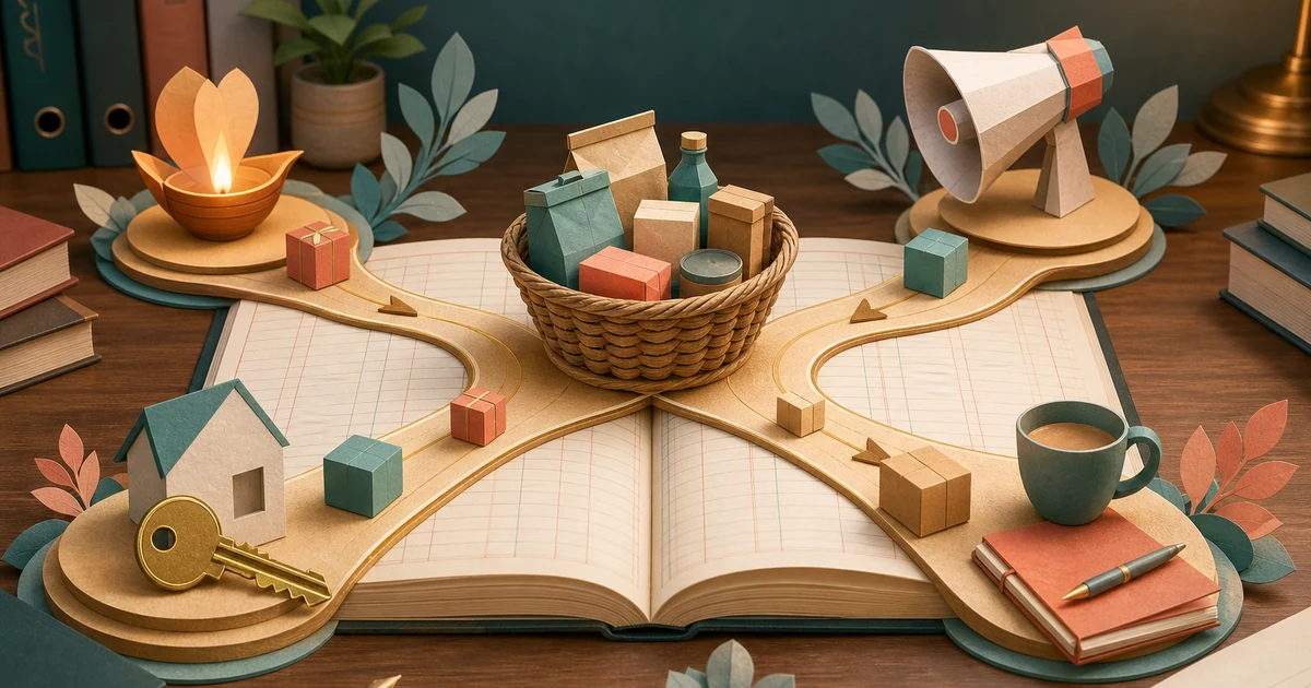 A glowing ledger sorting goods into charity, advertising, drawings, and personal use paths