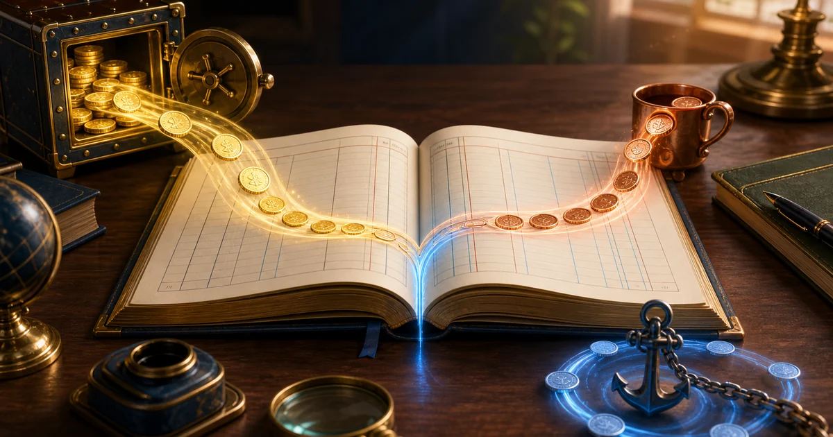 A brass journal book balancing three glowing streams for capital, drawings, and loan interest