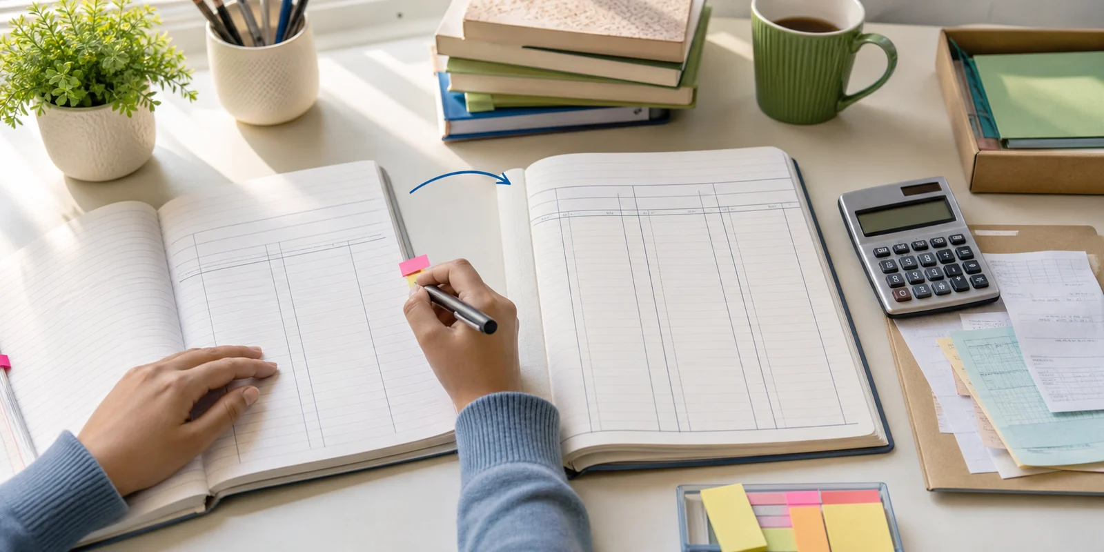 A student moving accountancy work from a journal notebook to ledger columns on a bright study desk