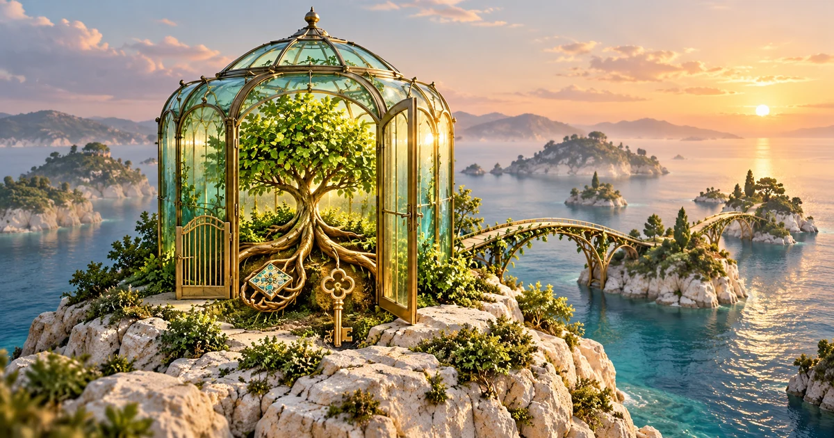 An open glass greenhouse shelters a tree whose roots hold a key and mosaic tile and connect to bridges between islands