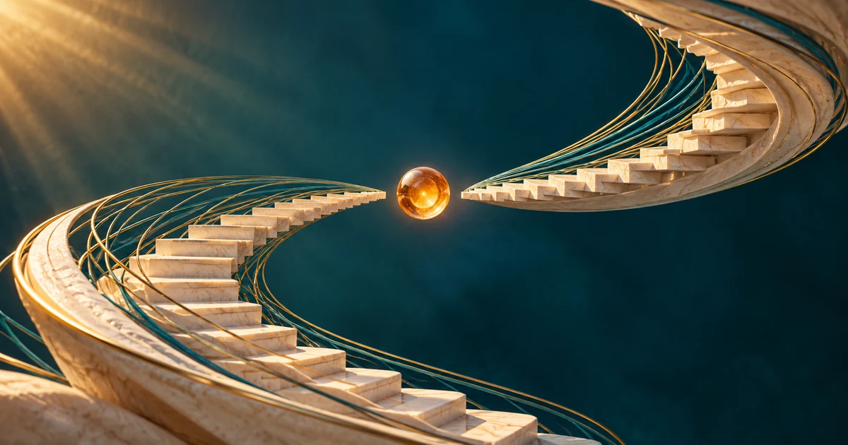 Two ivory stairways approach a shared amber orb without touching it