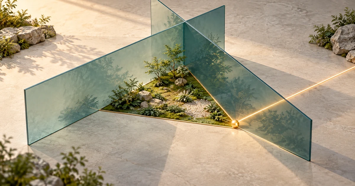 A garden grows inside intersecting glass boundaries, with a golden seed glowing at one corner