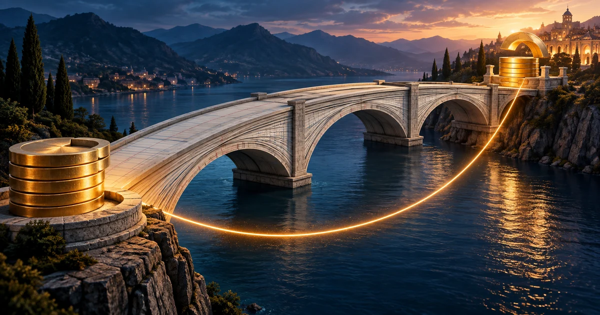 A ledger bridge joins a smaller stack of gold at issue to a larger repayment promise at the far shore