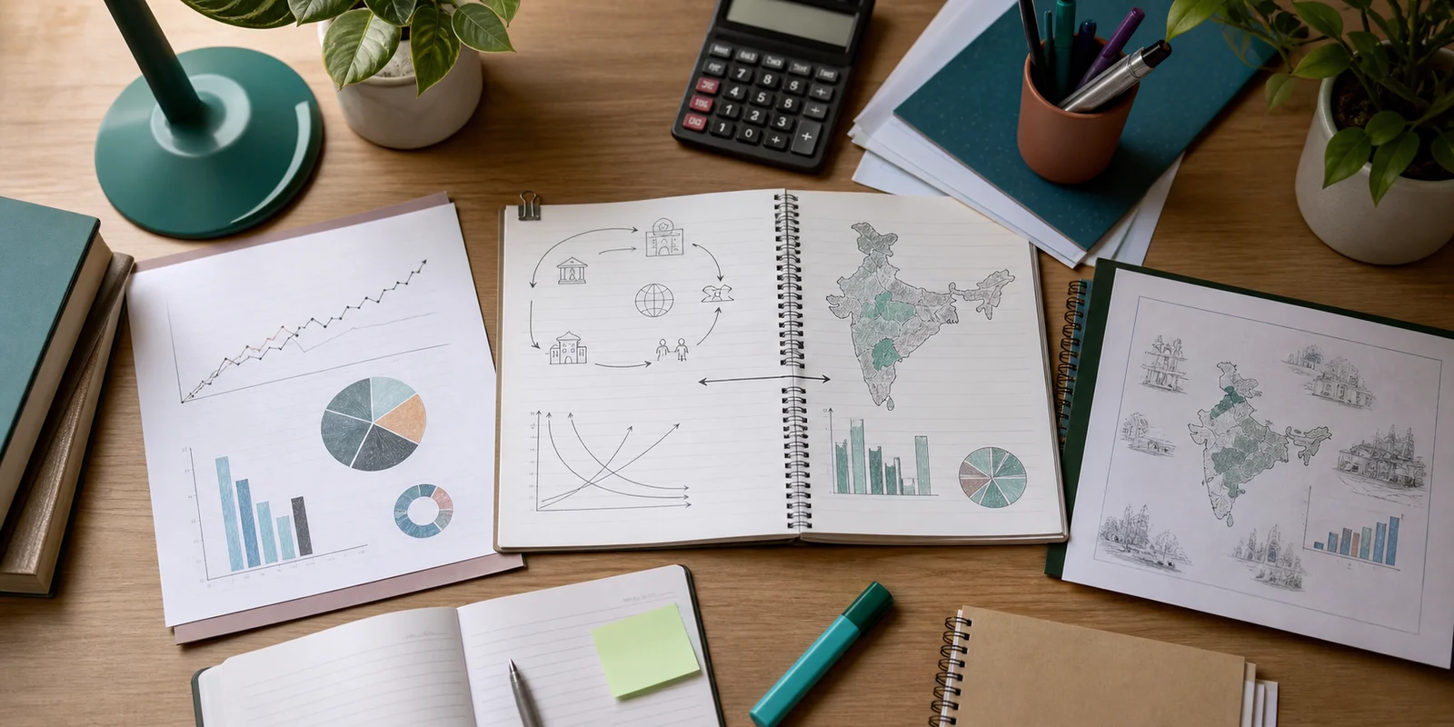 A study desk with economics charts, a calculator, notebooks, and India development notes arranged for Class 12 revision