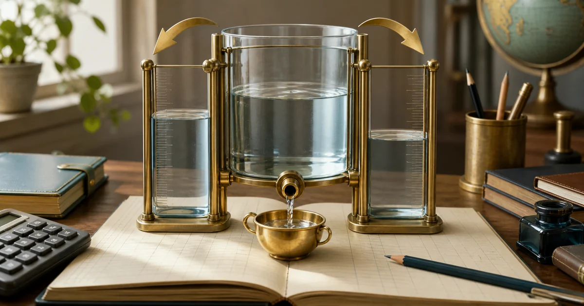 A glass profit reservoir flowing through two brass measuring gates into a small commission cup on an accounting ledger