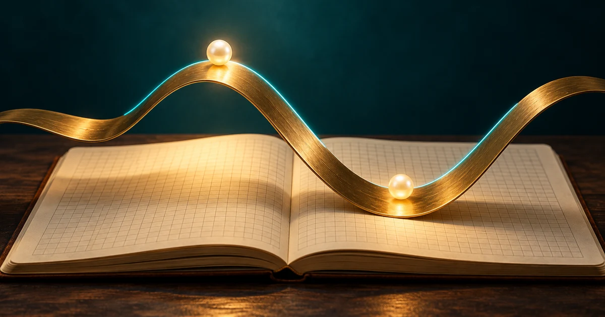 A brass ribbon forms a hill and a bowl above a notebook, with glowing pearls at its turning points