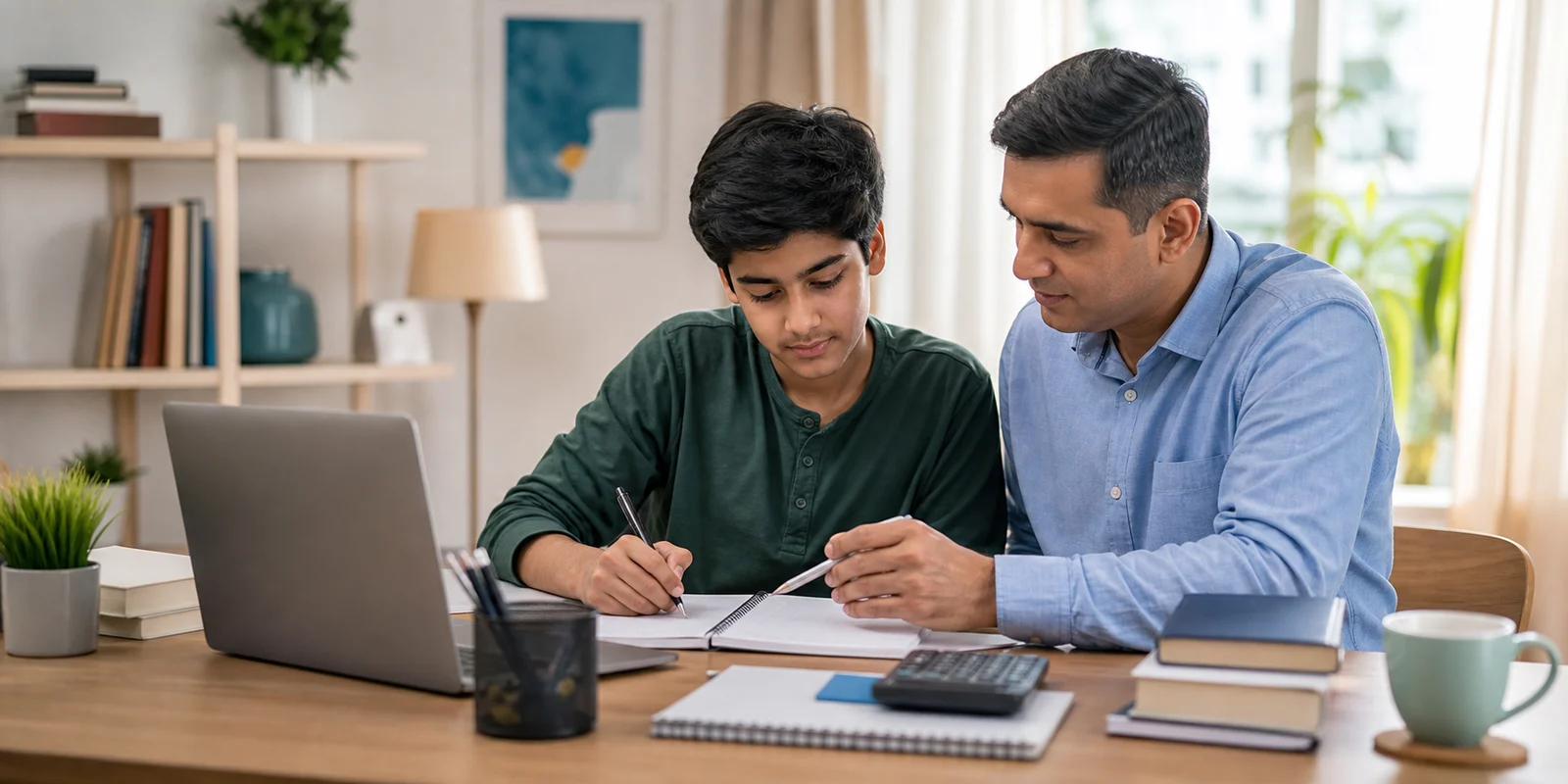 A student and parent discussing subject choices at a study table