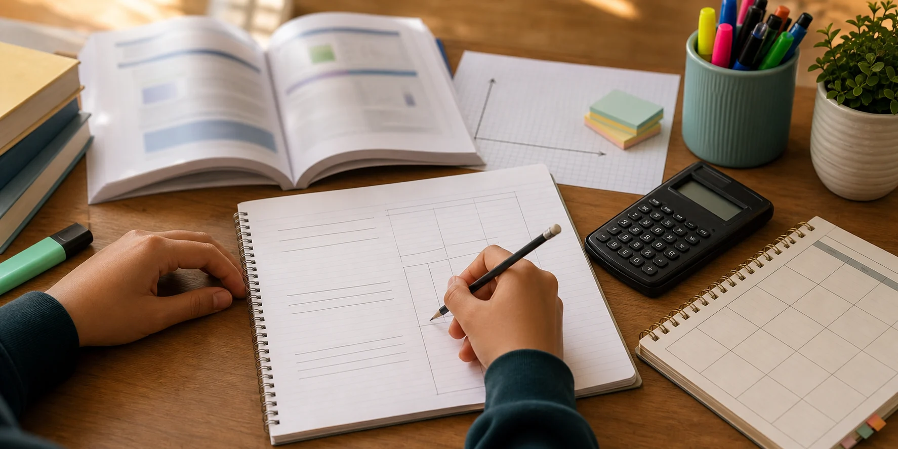 A Class 12 commerce student practising written questions at a study desk with a textbook, calculator, graph paper, and notebook