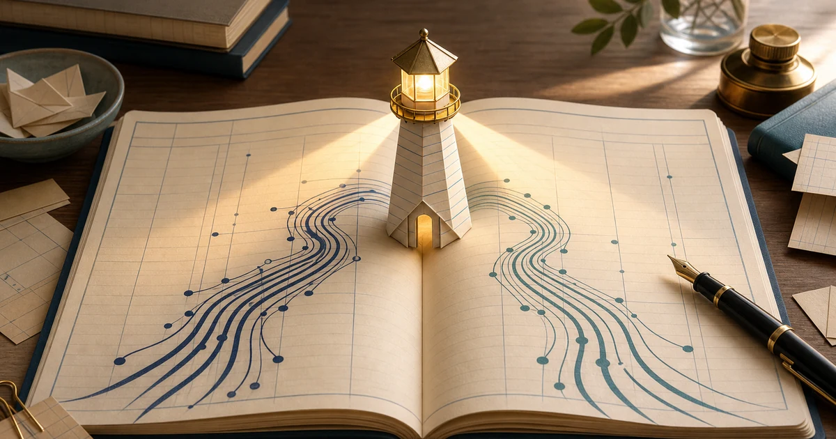 A tiny lighthouse note guiding debit and credit lines across an open accountancy journal