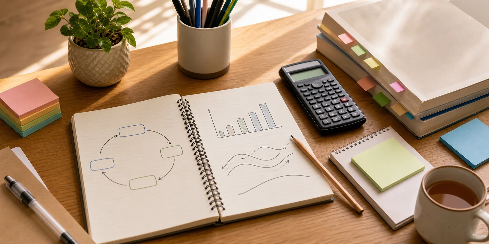 A calm study desk with an economics notebook, calculator, circular flow diagram, graphs, books, and stationery