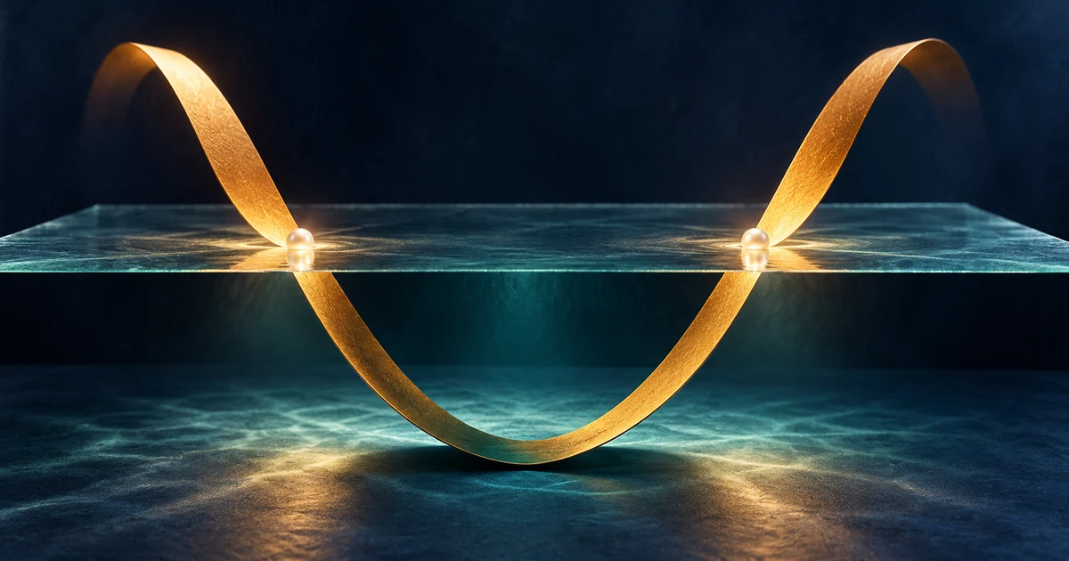 A golden U-shaped ribbon crosses a glass waterline at two glowing points, with its middle below the surface