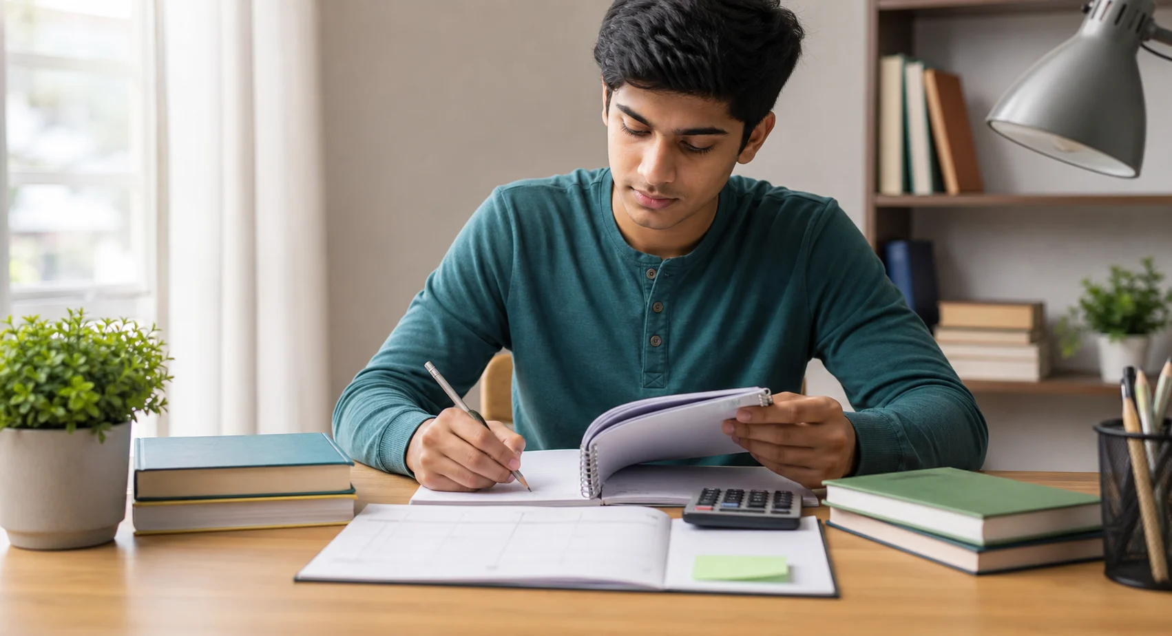 A Class 11 commerce student studying Accountancy at a neat desk with books, calculator, and notes