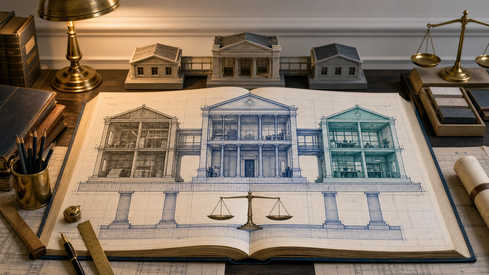 An old partnership ledger redesigned as an architectural blueprint with a new wing added and a balanced foundation