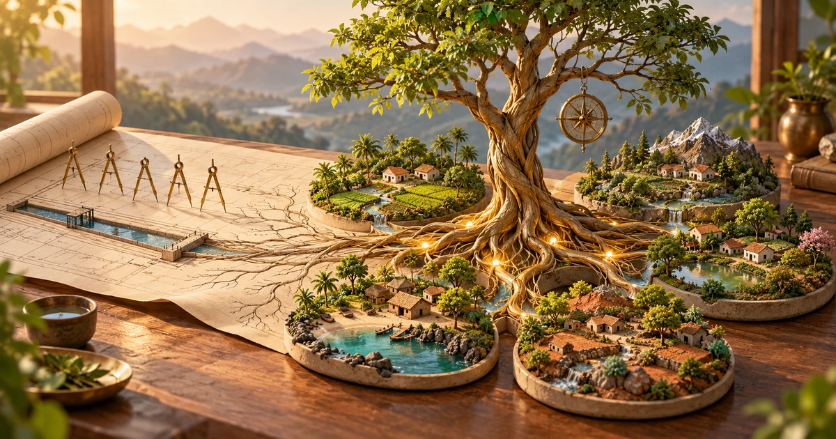 A planning blueprint becomes a living tree whose glowing roots connect miniature villages with different landscapes