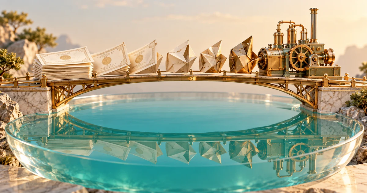Ownership certificates transform into machinery on a brass bridge above still turquoise water.