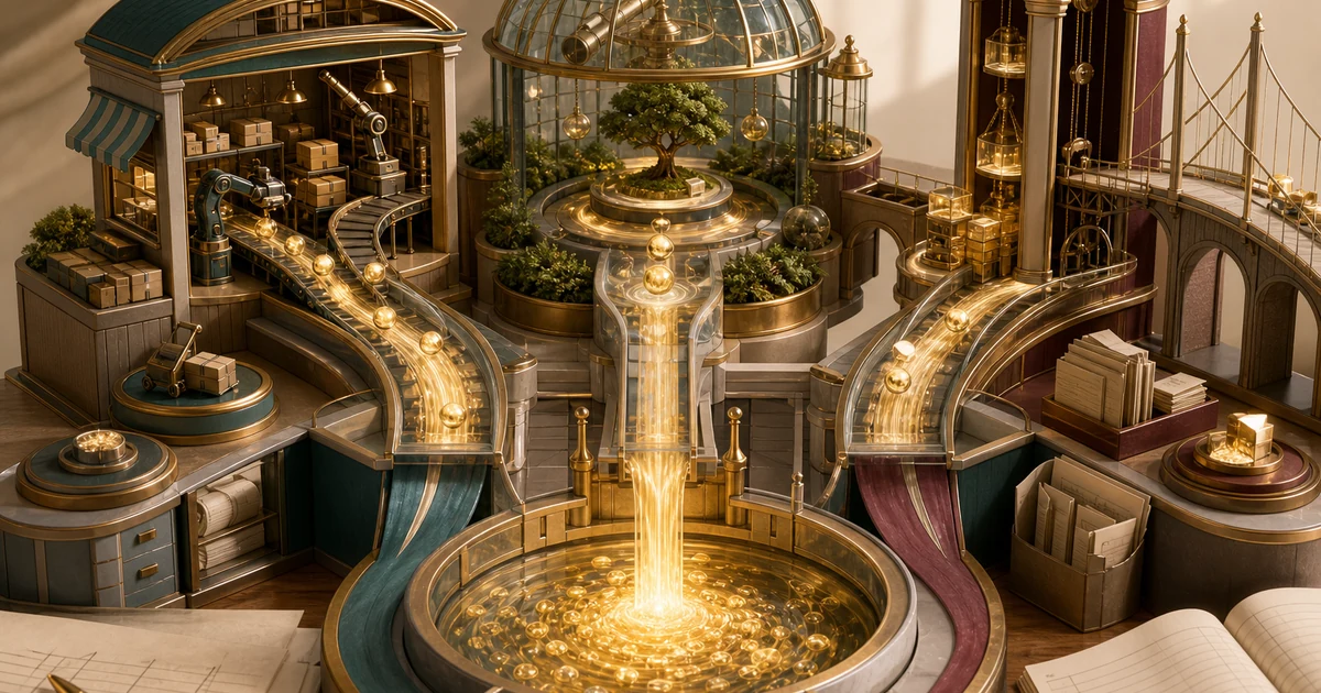 Three golden cash streams from operations, investments, and financing flowing into one cash reservoir