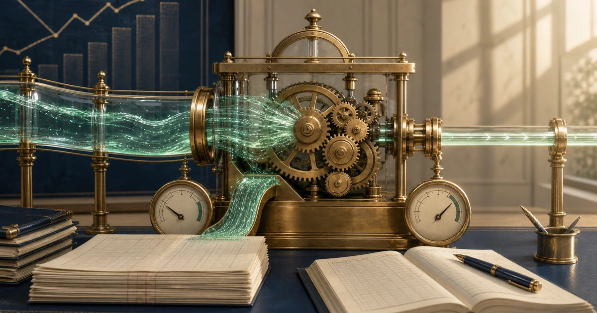 A brass accounting machine splitting a glowing revenue stream into operating cost and operating profit
