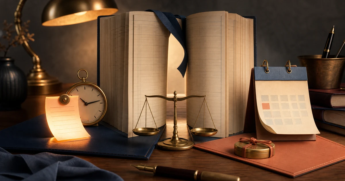 An open ledger at year end with an unpaid bill, a calendar, and a brass scale