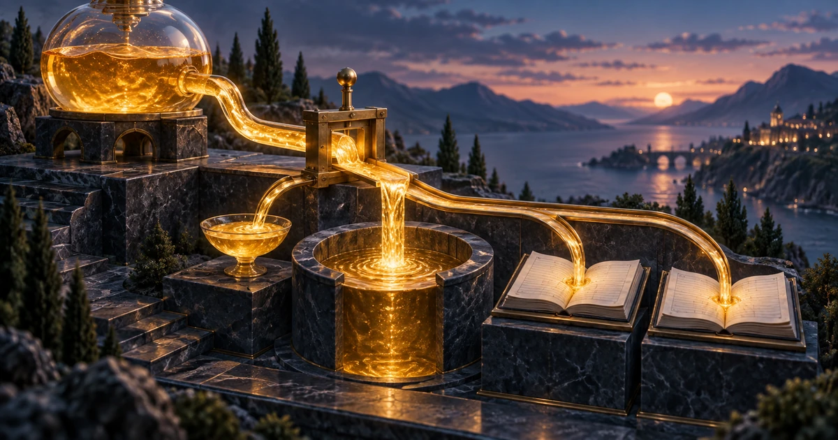 A golden profit stream measured once before flowing into a commission vessel, a reserve cistern, and two partner ledgers