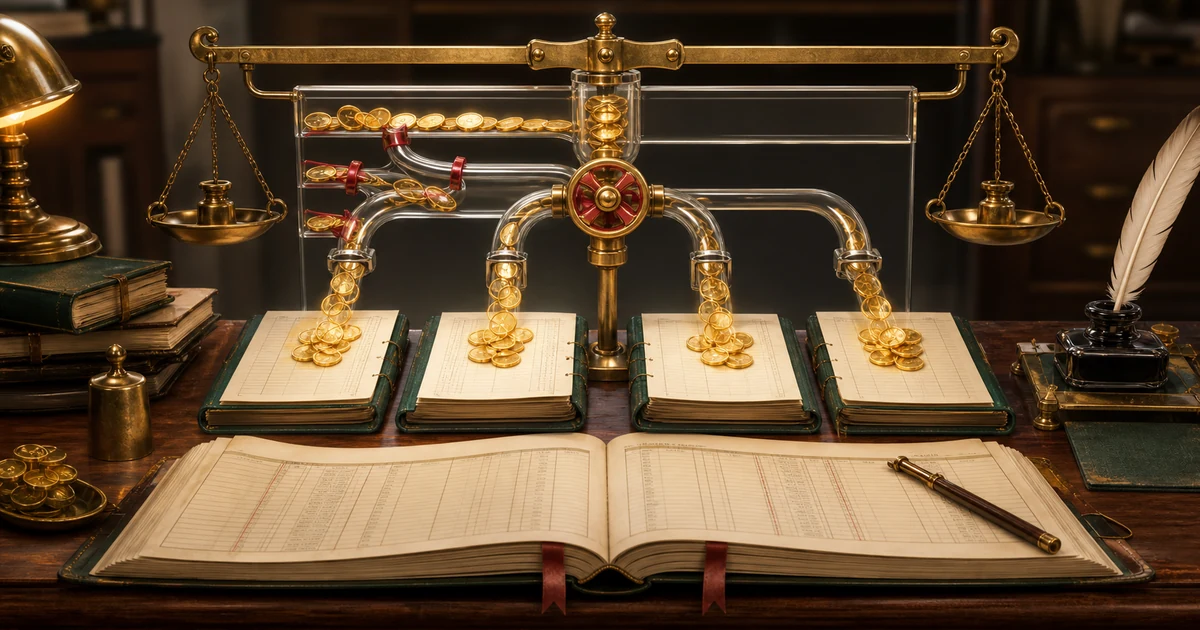 A brass adjustment scale redirects golden profit tokens into partner ledger books in the correct ratio