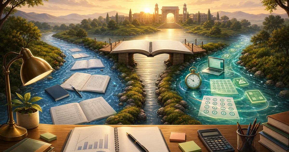 Two streams of commerce study, one with handwritten answers and one with answer bubbles, meeting under an open notebook bridge
