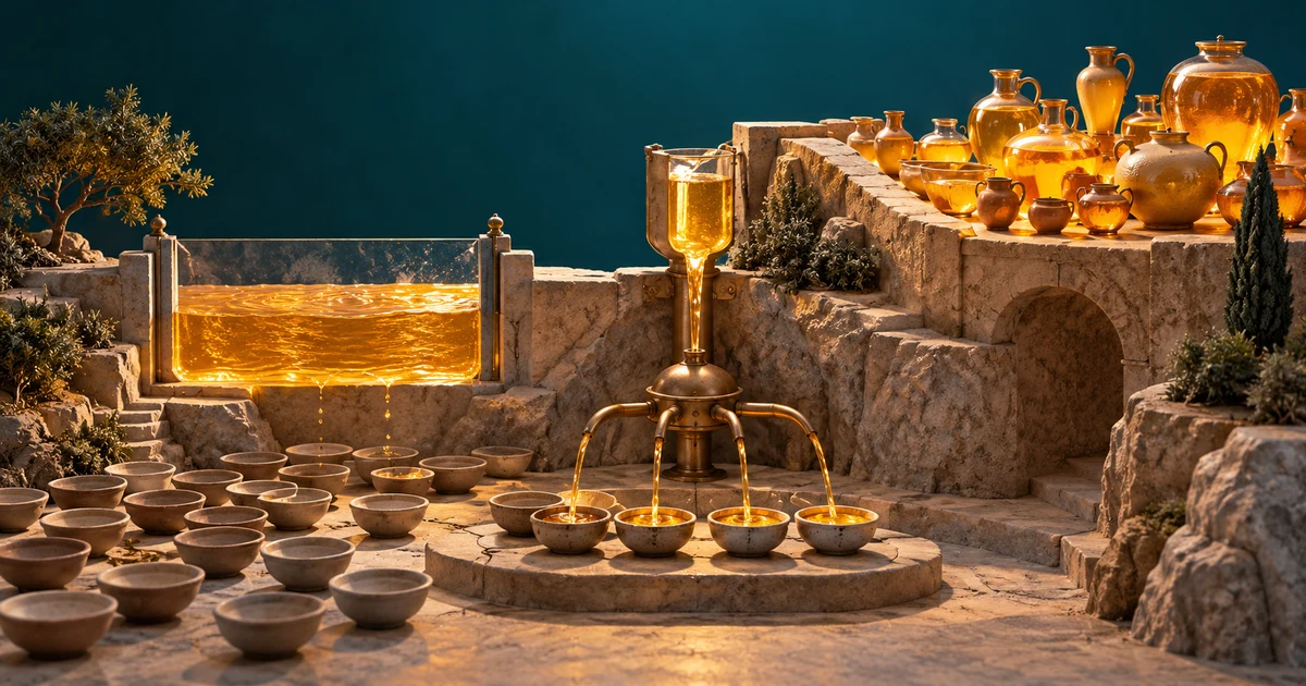 Glass barriers and a brass distributor divide a golden stream among ceramic bowls, representing price controls and rationing