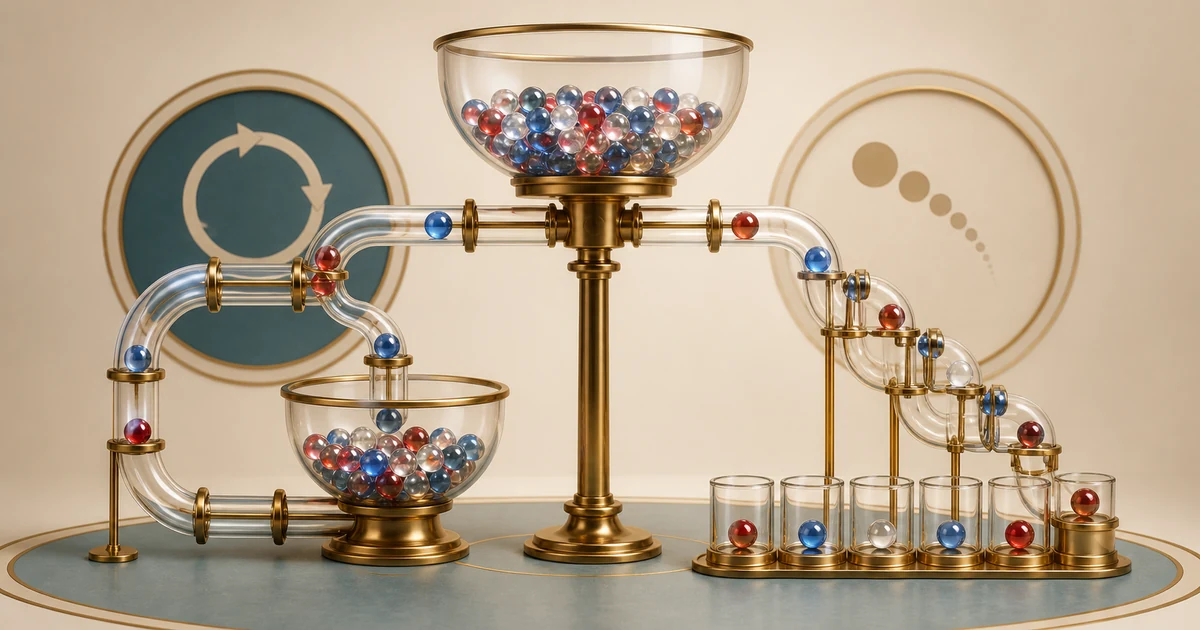 A glass probability machine with one loop returning marbles and one narrowing path removing them