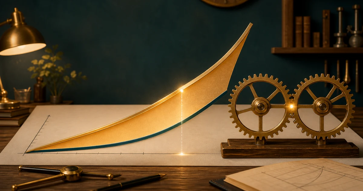 A golden revenue curve rising above a cost curve beside two brass gears meeting at one precise point