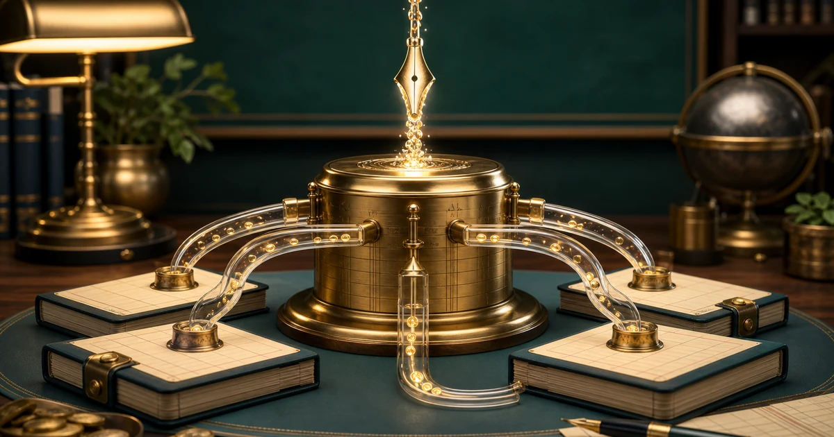 A brass ledger fountain dividing net profit through clear channels into partner account books