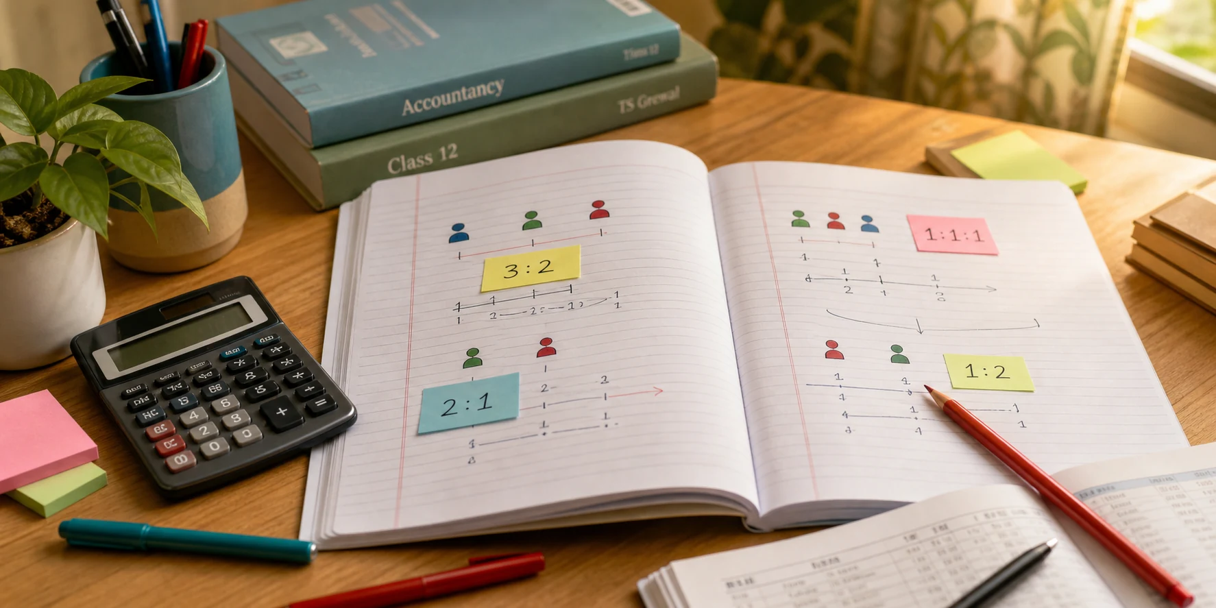 Class 12 Accountancy notebook with ratio working, calculator, and study materials on a desk