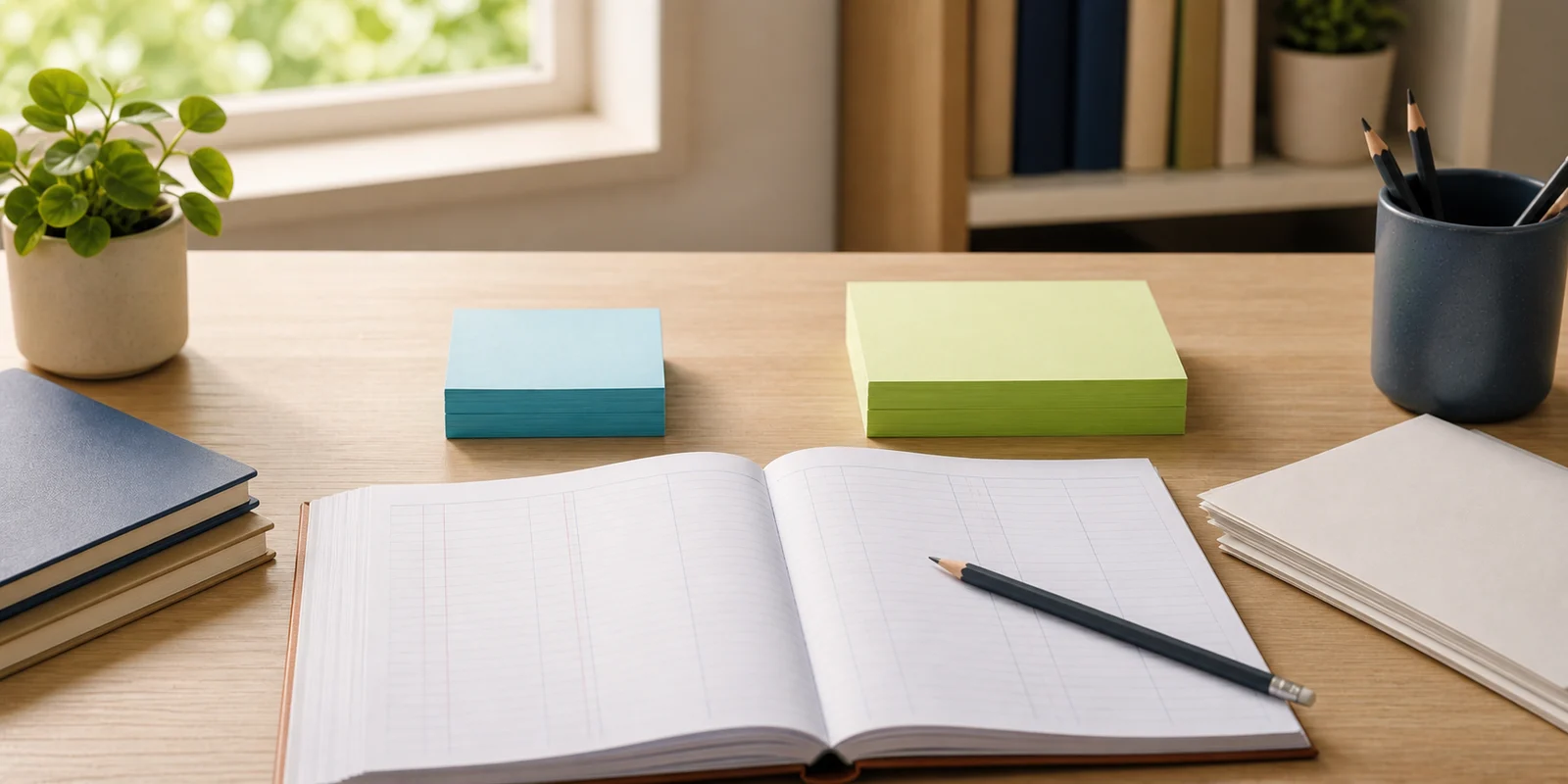 A neat accountancy study desk with a notebook and two separate stacks of notes for comparing provisions and reserves