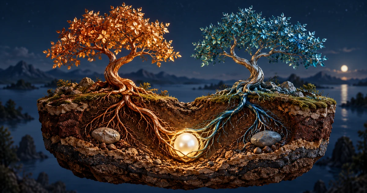 Copper and teal trees whose underground roots meet around one glowing pearl